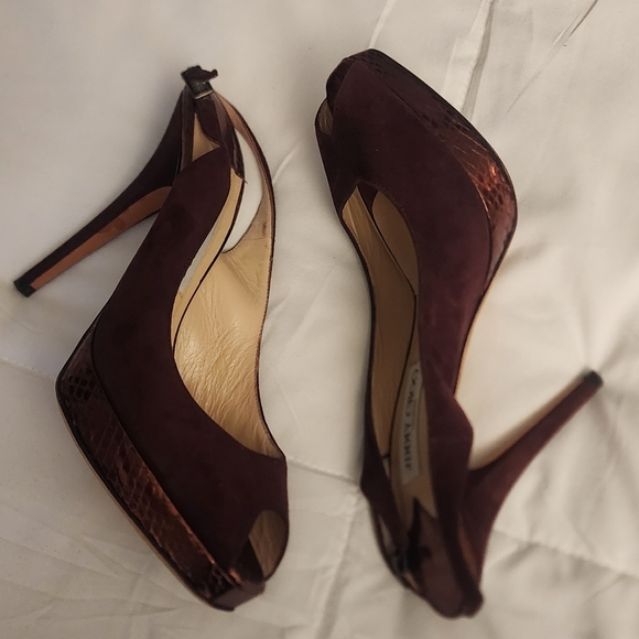 Jimmy Choo 7.5 Stiletto Open Toe Platform Shoes Brown Suede - Picture 3 of 6